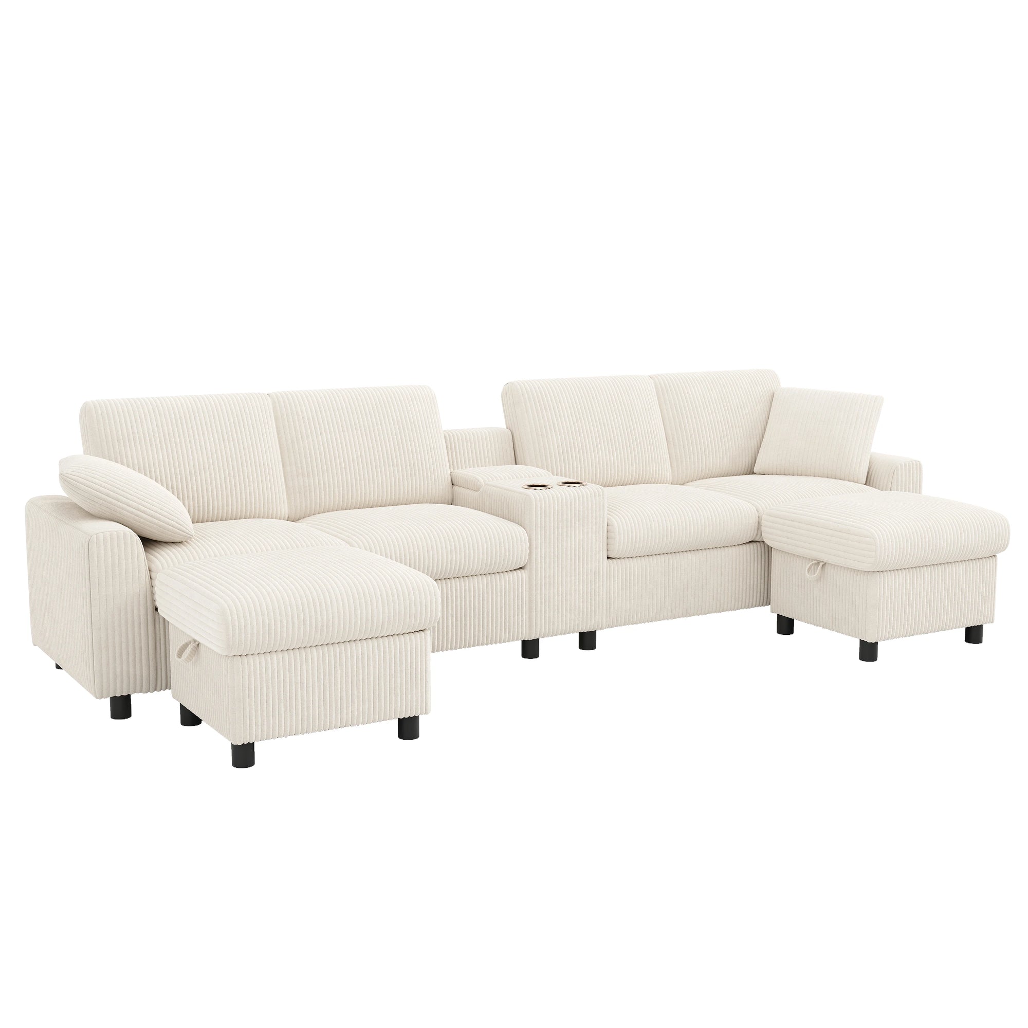 Canapé en velours côtelé, comprenant 2 repose-pieds avec rangement, table basse, 2 porte-gobelets, 1 port USB, 2 prises de courant