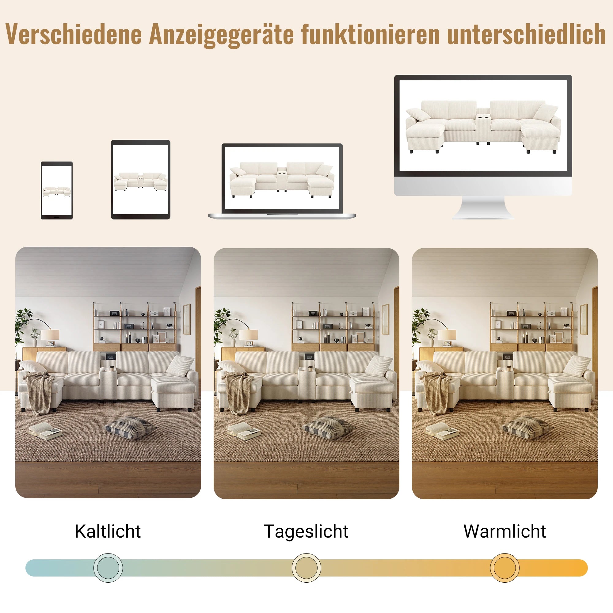 Canapé en velours côtelé, comprenant 2 repose-pieds avec rangement, table basse, 2 porte-gobelets, 1 port USB, 2 prises de courant