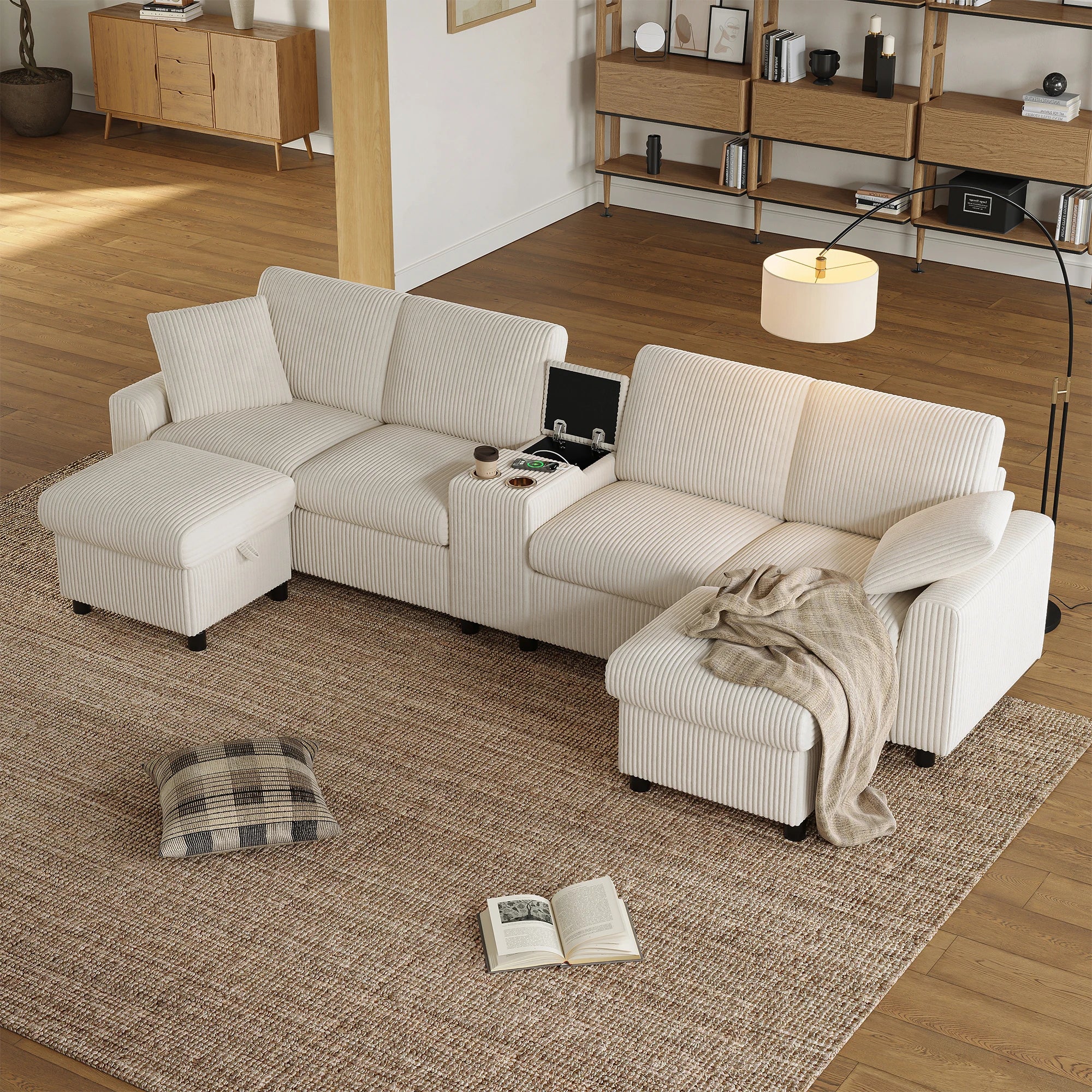 Canapé en velours côtelé, comprenant 2 repose-pieds avec rangement, table basse, 2 porte-gobelets, 1 port USB, 2 prises de courant