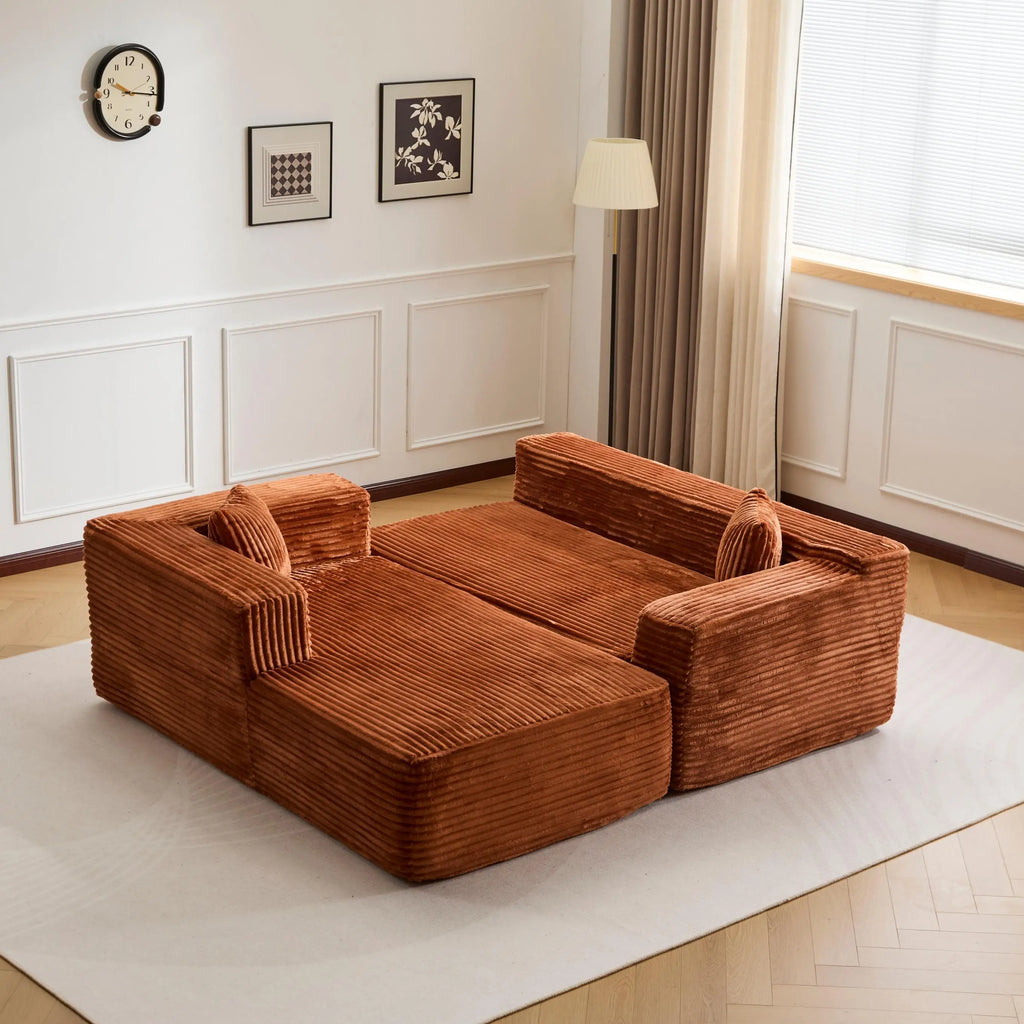 Canapé 3 places en velours côtelé en forme de L avec oreillers, aucun assemblage requis, canapé compressé, canapé d'angle moderne pour salon, chambre à coucher