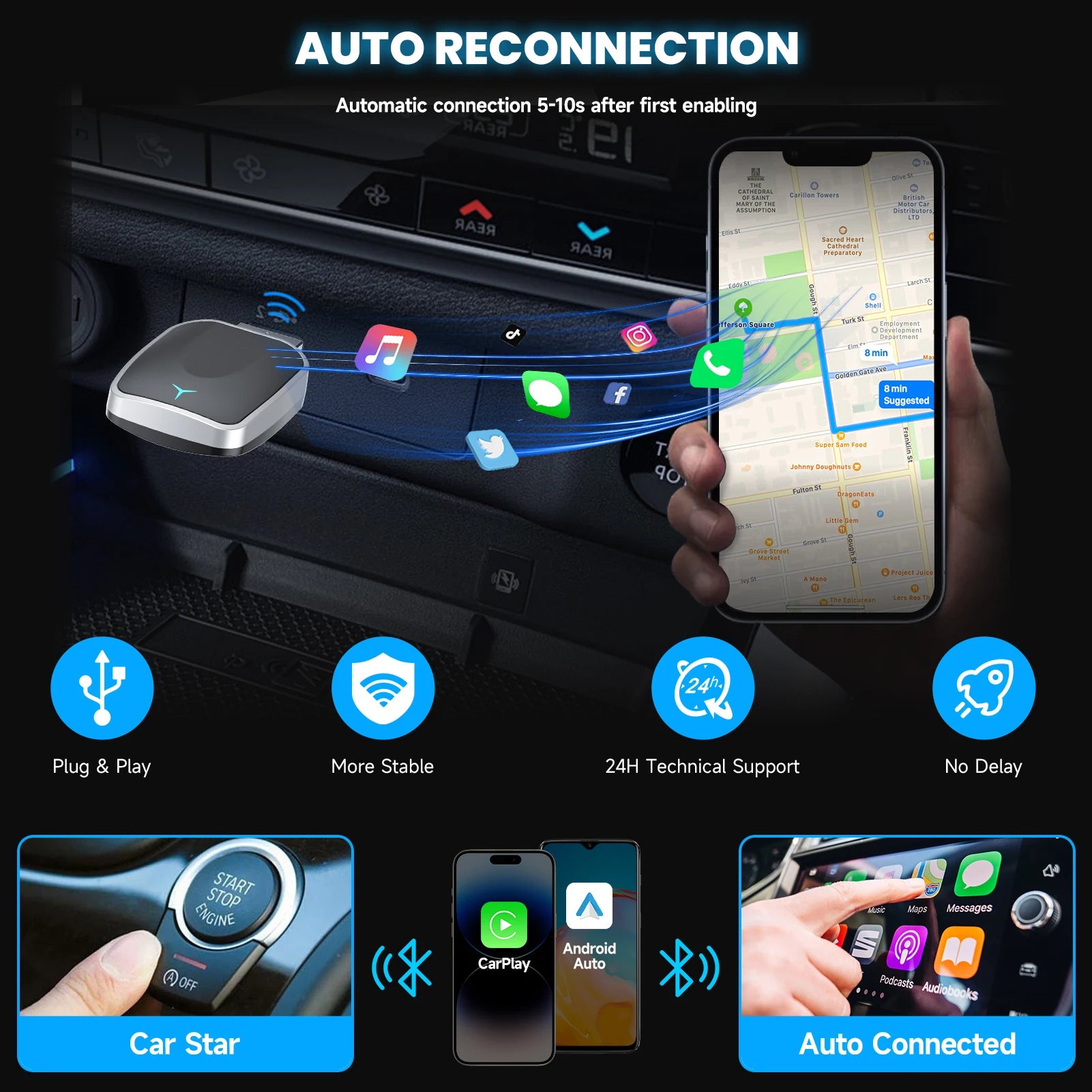 Adaptateur CarPlay filaire vers sans fil 2 en 1