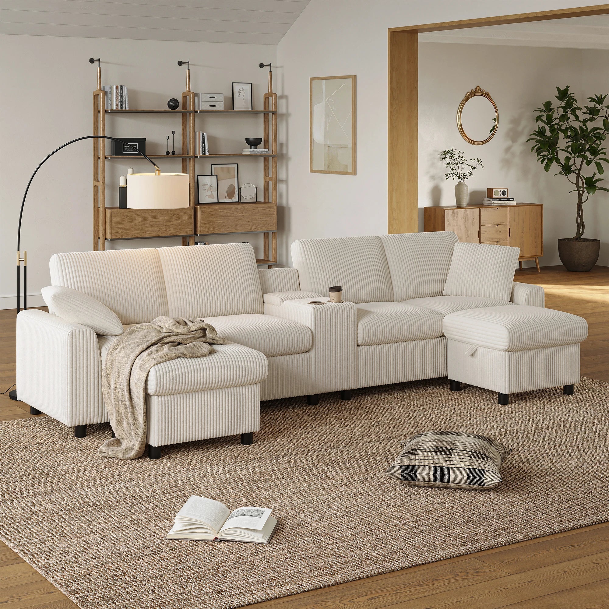 Canapé en velours côtelé, comprenant 2 repose-pieds avec rangement, table basse, 2 porte-gobelets, 1 port USB, 2 prises de courant