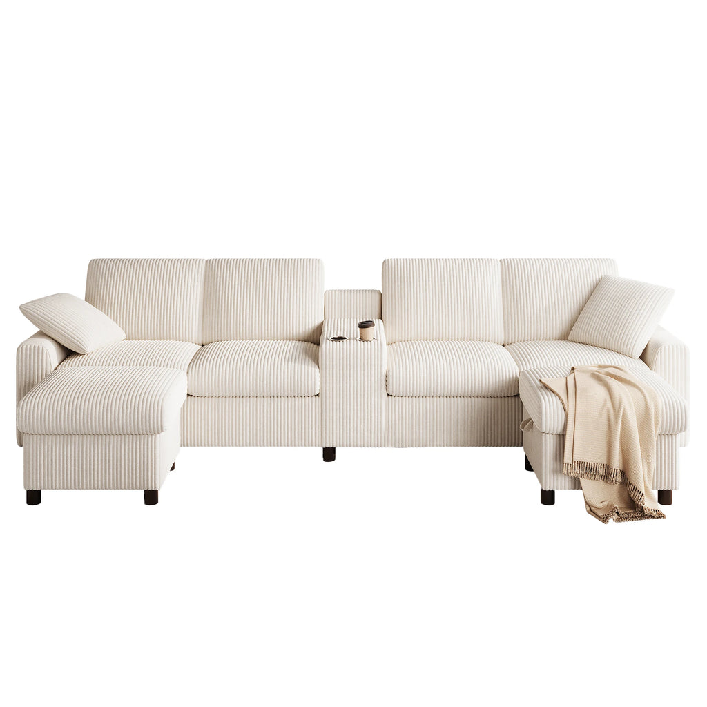 Canapé en velours côtelé, comprenant 2 repose-pieds avec rangement, table basse, 2 porte-gobelets, 1 port USB, 2 prises de courant