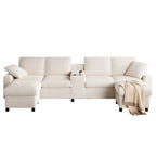 Canapé en velours côtelé, comprenant 2 repose-pieds avec rangement, table basse, 2 porte-gobelets, 1 port USB, 2 prises de courant