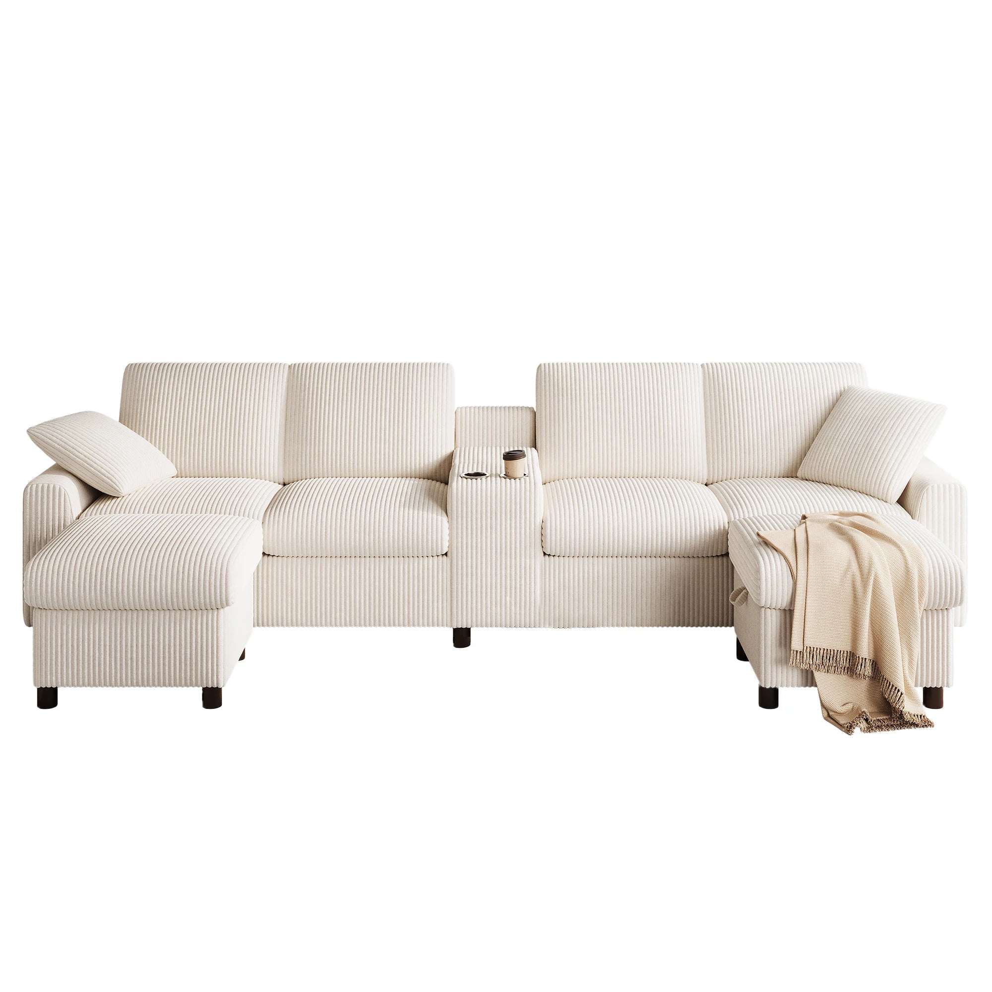 Canapé en velours côtelé, comprenant 2 repose-pieds avec rangement, table basse, 2 porte-gobelets, 1 port USB, 2 prises de courant