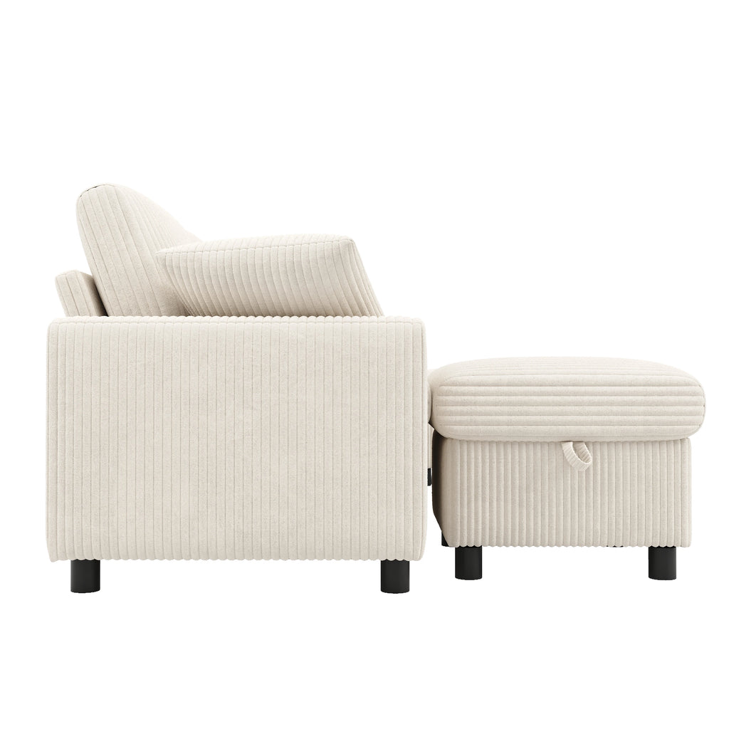 Canapé en velours côtelé, comprenant 2 repose-pieds avec rangement, table basse, 2 porte-gobelets, 1 port USB, 2 prises de courant