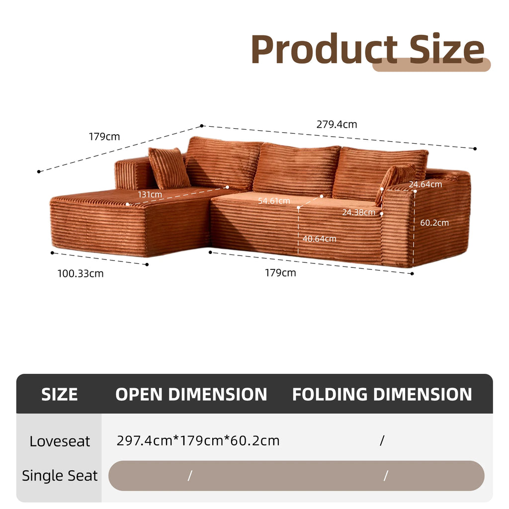 Canapé 3 places en velours côtelé en forme de L avec oreillers, aucun assemblage requis, canapé compressé, canapé d'angle moderne pour salon, chambre à coucher