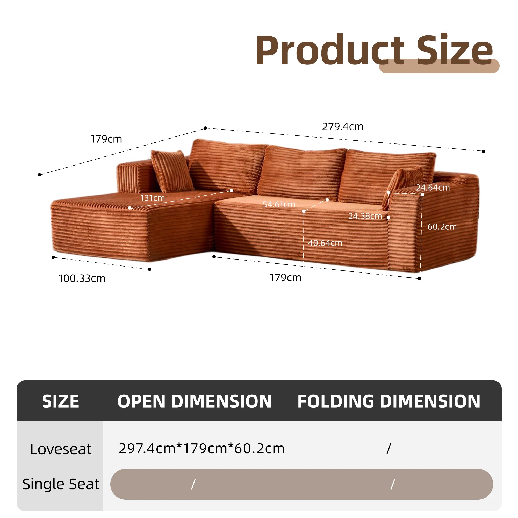Canapé 3 places en velours côtelé en forme de L avec oreillers, aucun assemblage requis, canapé compressé, canapé d'angle moderne pour salon, chambre à coucher