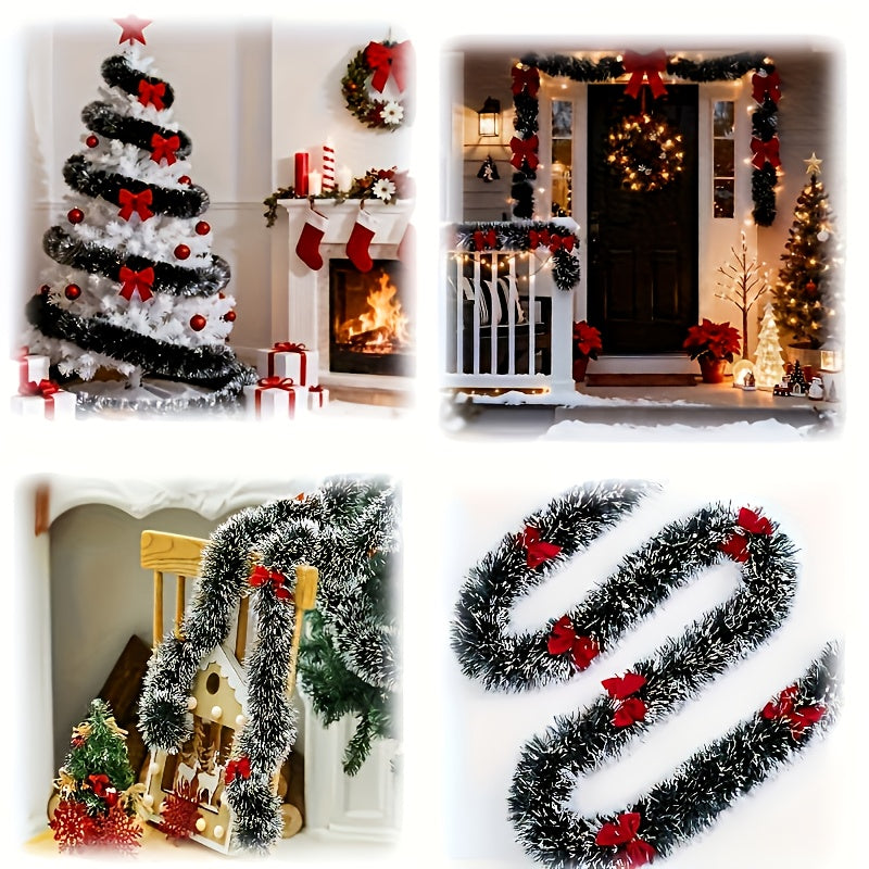 10.0 meter - 2pcs Set with Red Bow, Dark Green And White Snowflake Christmas Wreath Decoration, No, Suitable for Outdoor Or Indoor Use, High-Quality Soft Green Holiday Decoration, Suitable for Indoor/Outdoor Holiday Decoratio