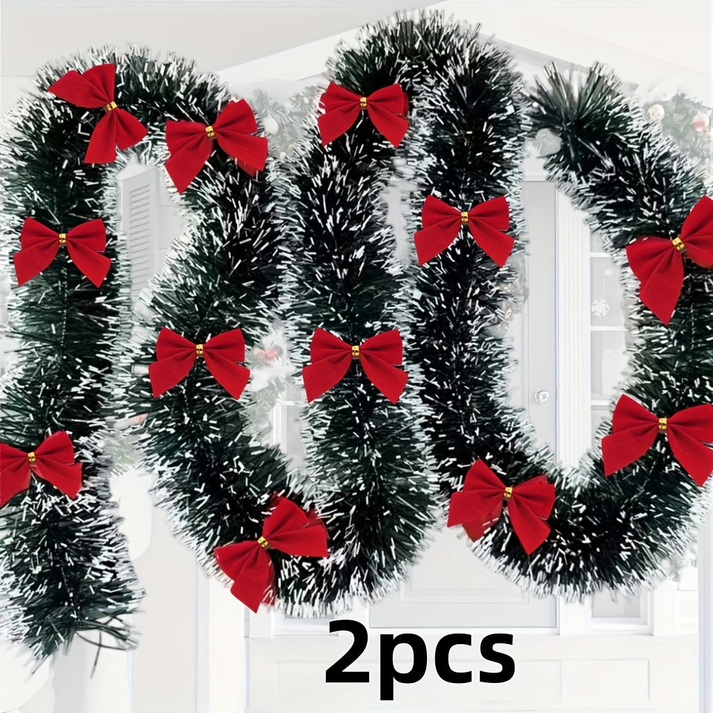 10.0 meter - 2pcs Set with Red Bow, Dark Green And White Snowflake Christmas Wreath Decoration, No, Suitable for Outdoor Or Indoor Use, High-Quality Soft Green Holiday Decoration, Suitable for Indoor/Outdoor Holiday Decoratio